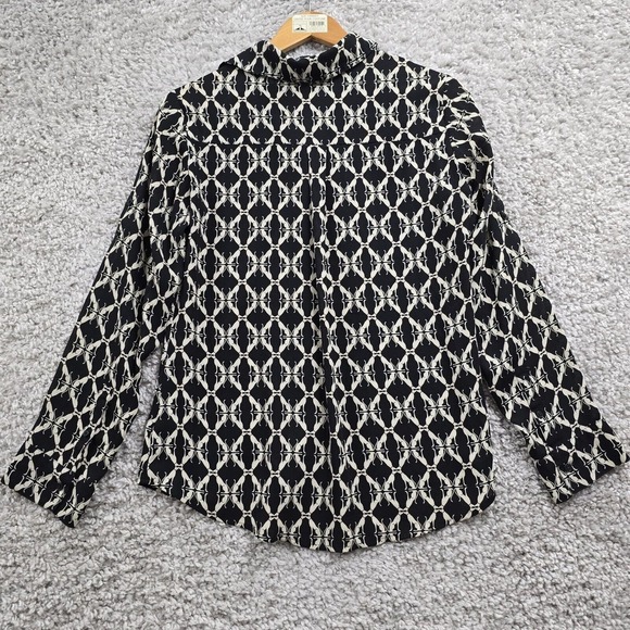 Express Portofino Women Dog Print Blouse Size Medium Roll Sleeve Slim Fit Office - Picture 6 of 10